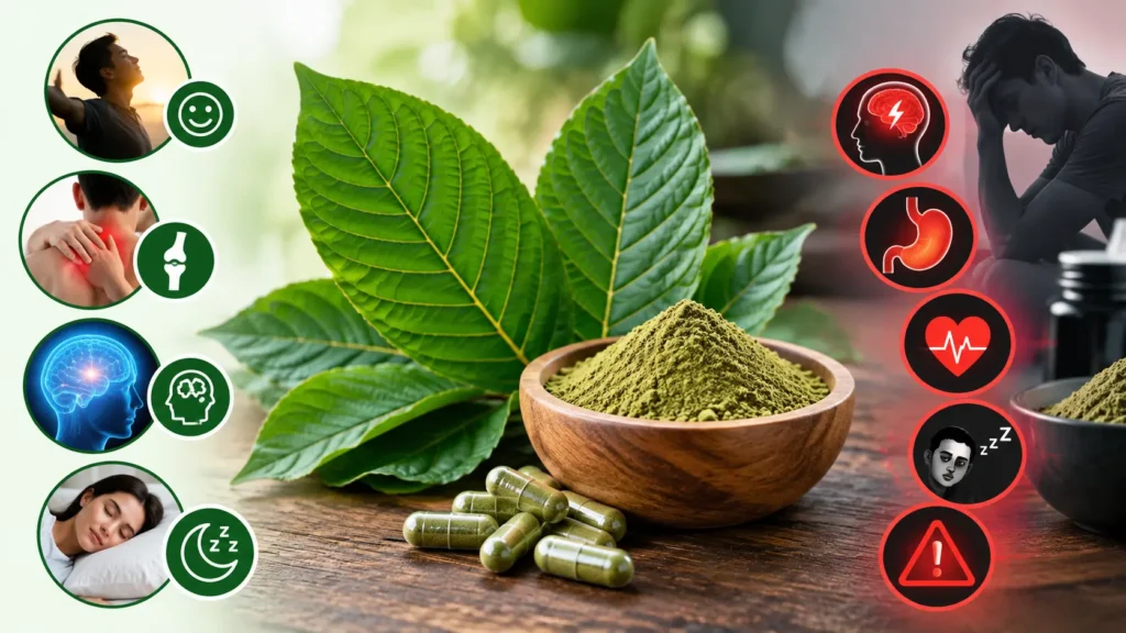 Infographic illustrating Understanding Kratom uses, side effects, and safety risks
