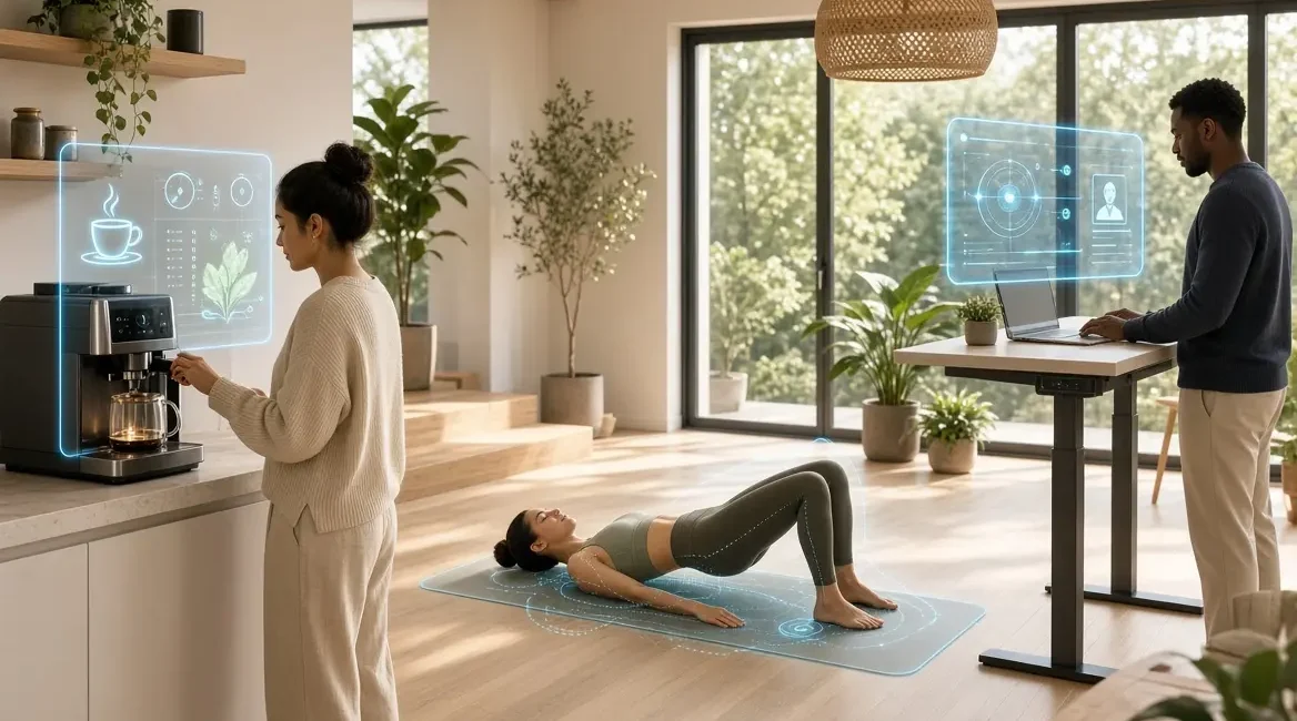 Person using AI tools lifestyle habits tracking display at home