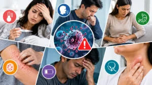 Early warning signs of a dangerous infection collage showing symptoms like fever, chills, and rapid heartbeat