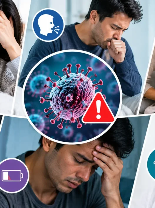 Early warning signs of a dangerous infection collage showing symptoms like fever, chills, and rapid heartbeat