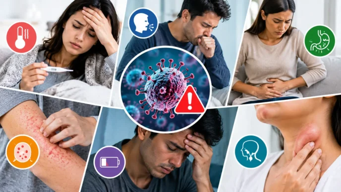 Early warning signs of a dangerous infection collage showing symptoms like fever, chills, and rapid heartbeat
