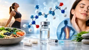 Peptides Explained - infographic showing amino acid chains and wellness lifestyle