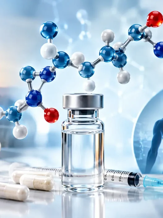 Peptides Explained - infographic showing amino acid chains and wellness lifestyle
