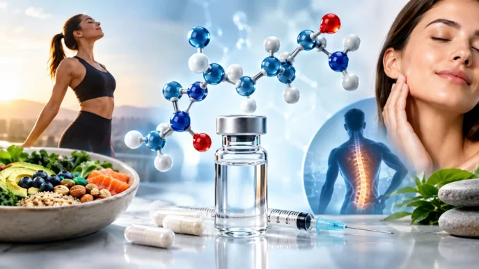Peptides Explained - infographic showing amino acid chains and wellness lifestyle